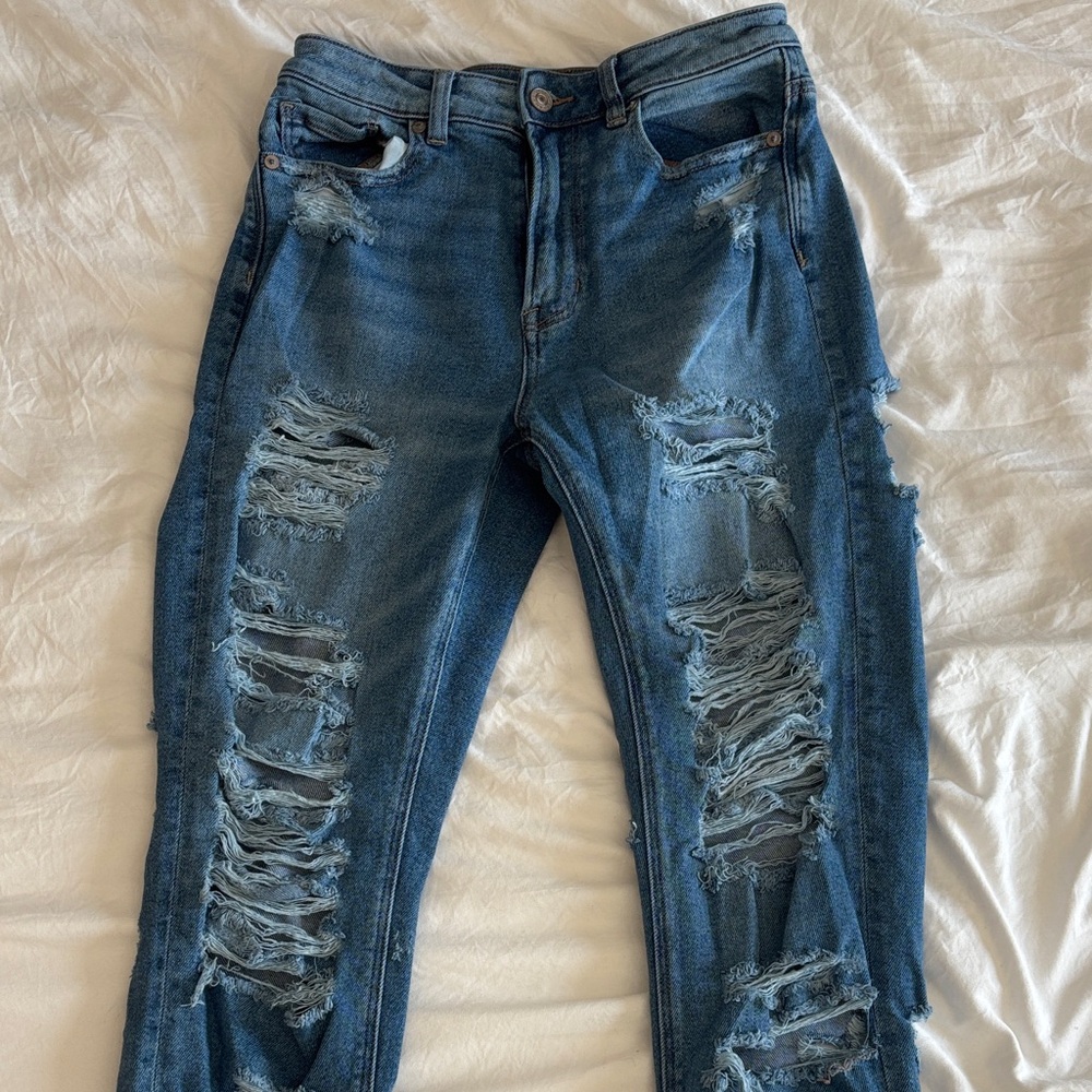 American Eagle Mom Jean Heavily Distressed Blue Jeans